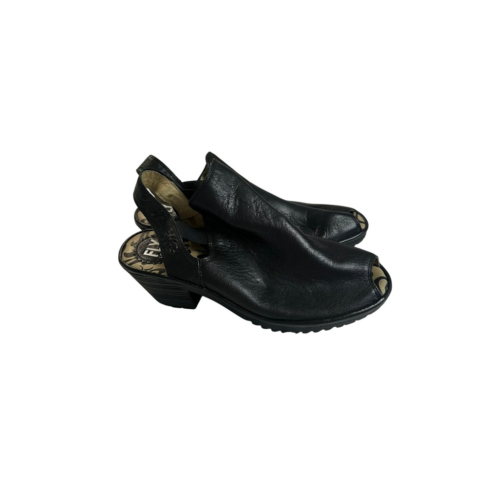Fly London Slingback Sandals Women 40 Black Excellent Leather Peep Toe Platform